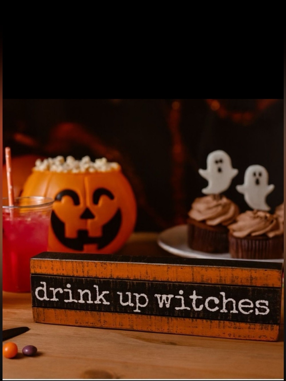 Halloween Slat Wood Box Sign Drink Up Witches Orange Black Farmhouse Decor